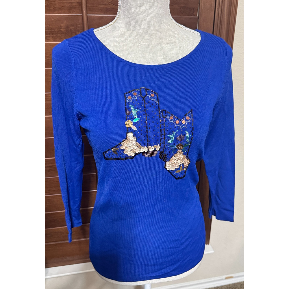 VTG Sweaterworks Top Beaded Sequined‎ Royal Blue Knit Cowboy boots Cowgirl sz S